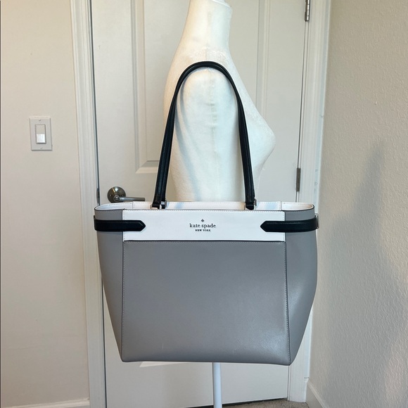 Kate Spade New York Staci Colorblock Laptop Tote Bag Nimbus Grey White Black - Picture 15 of 16